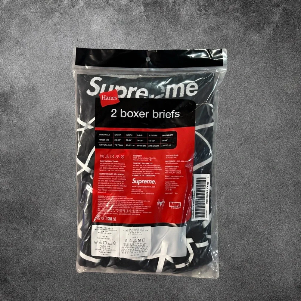 Supreme Hanes Spider-Man Web Boxer Briefs Mens Large Black 2-Pack SS26A66 NWT